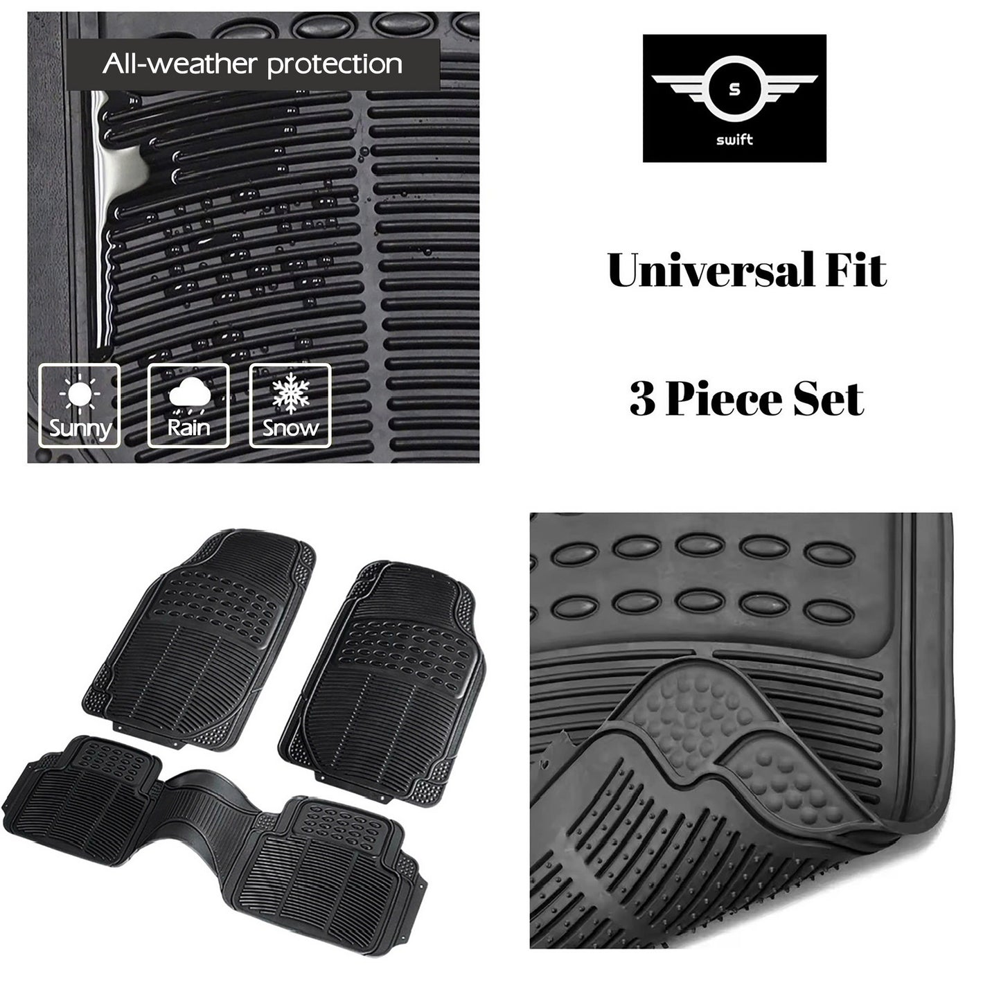 Universal All-Weather 4 Piece Rubber Car Floor Mat Set